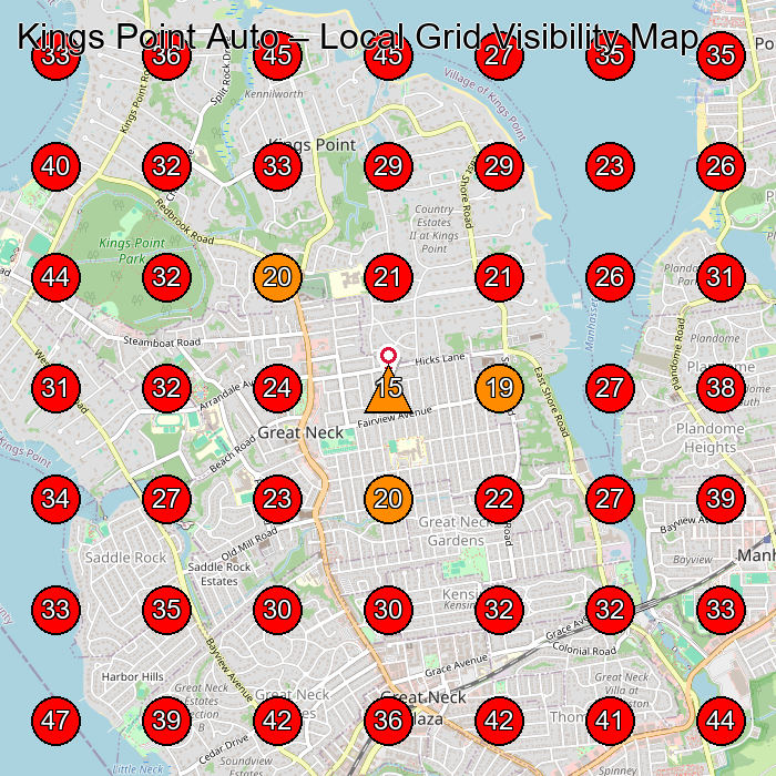 Kings Point Auto GeoGrid visibility map for Auto Repair Shop in Great Neck